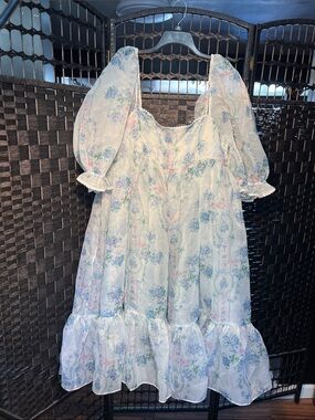 Selkie White Pastel Floral Puff Sleeve Midi Dress